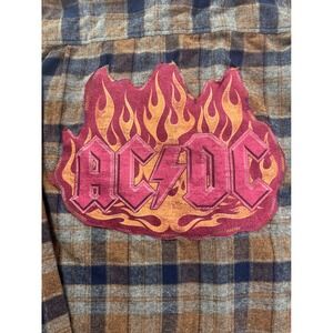 AC/DC Custom Graphic Plaid april 25th Flannel Shirt Brown Blue Rock‎ Band Large